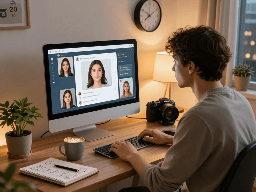 User interacting with a porn ai chat interface in a cozy home office.
