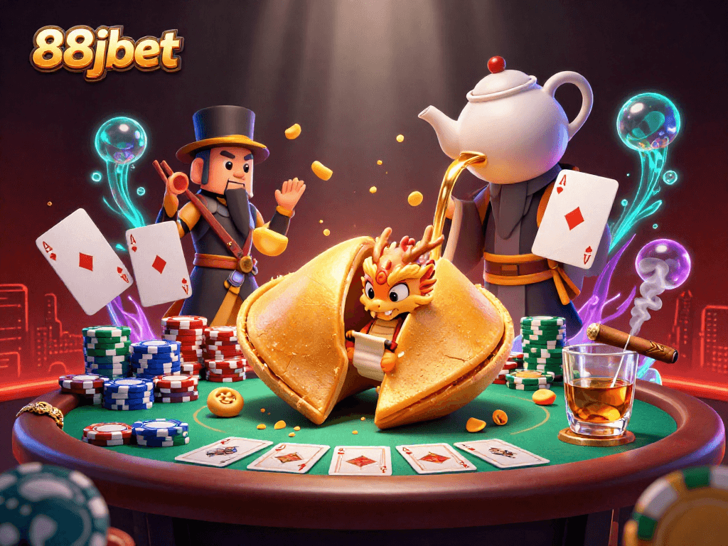 Experience thrilling action at 88jbet with vibrant casino illustration featuring poker elements.