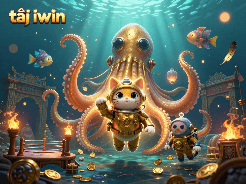 Engage in the excitement of tải iwin with a vibrant 3D scene featuring a kraken, diving cat, and more.