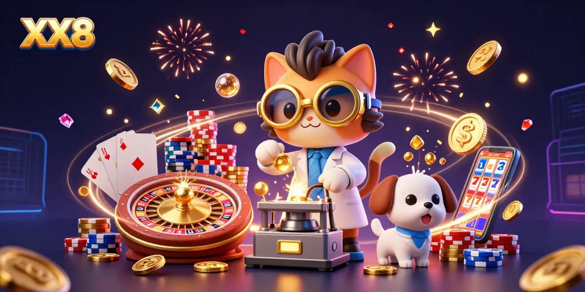 Experience the thrilling excitement of XX8 with a mad scientist cat and trusty dog amidst cascading coins and vibrant casino elements.