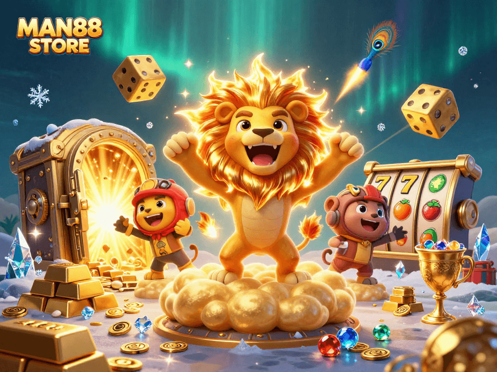 Play exciting slots at MAN88 STORE while surrounded by stunning treasure and lucky symbols.