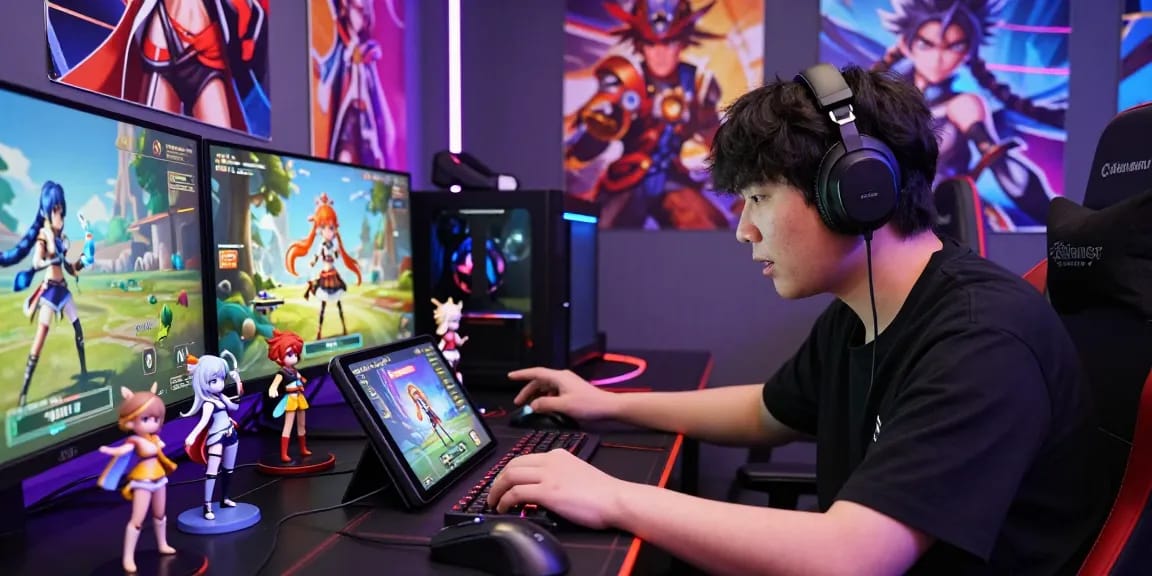 Intense gacha168 gaming scene with a player surrounded by vibrant character posters and collectibles, showcasing a lively atmosphere.