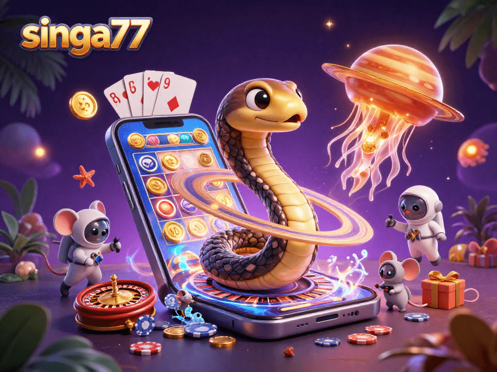 Engage with singa77's cosmic casino experience showcasing astronaut mice betting on a roulette wheel of Saturn rings.