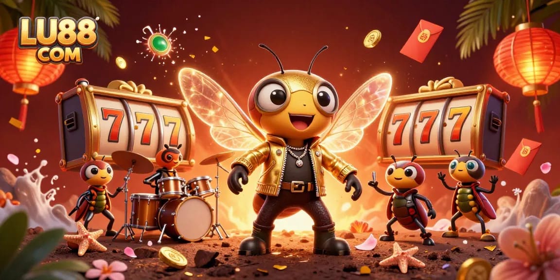 Engage with LU88 COM's vibrant casino scene featuring a cicada rock star, golden elements, and dynamic energy.