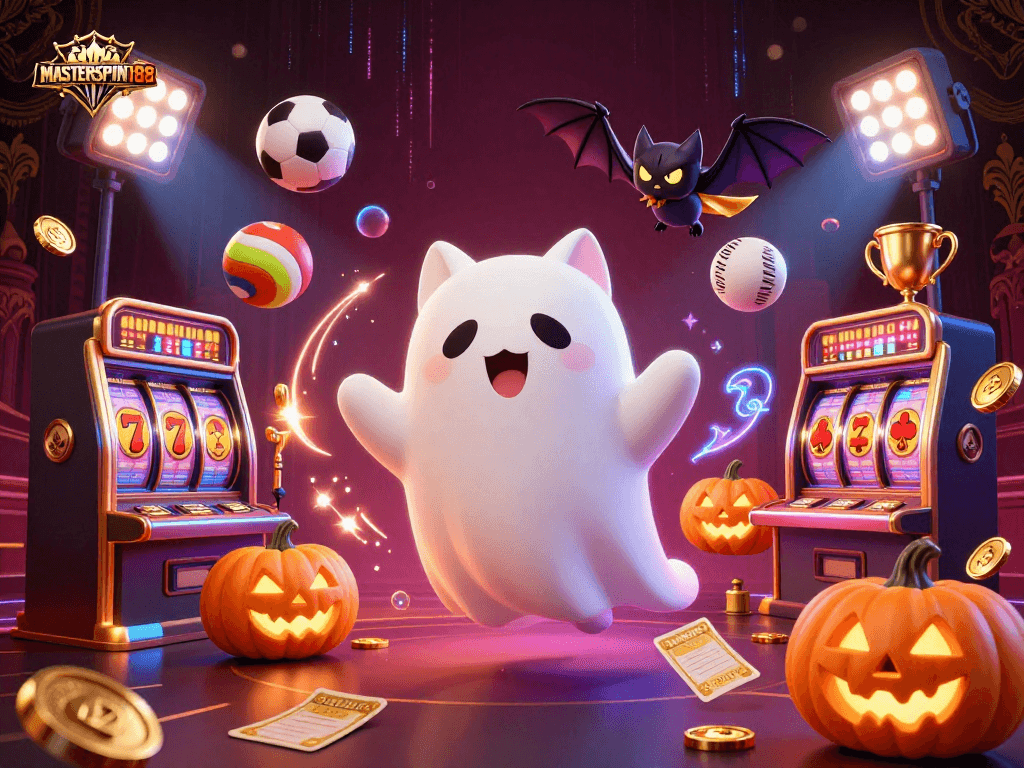 Engage with the thrilling realm of MASTERSPIN188 where a ghost cat and vampire bat explore a haunted casino.