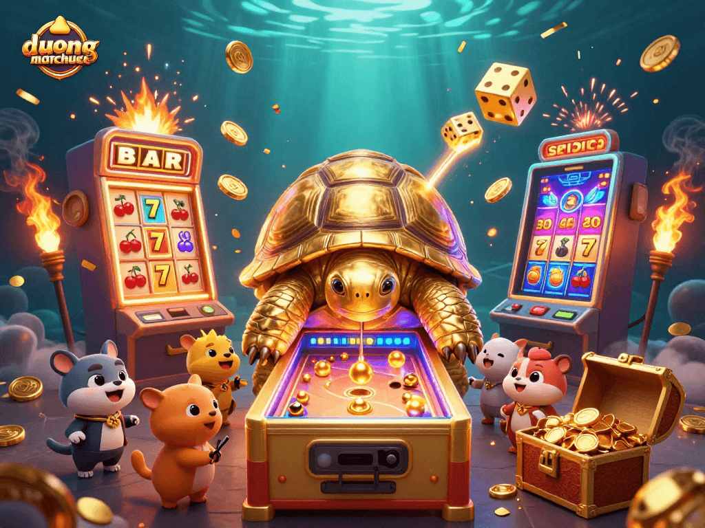 Engage with duongmatchuoc’s thrilling slot machine adventures featuring a golden tortoise and fireworks.