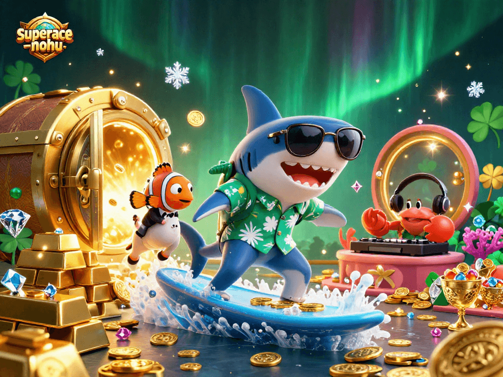 Engage in thrilling play at superace-nohu showcasing a vibrant shark surfing gold coins amidst glamorous casino elements.