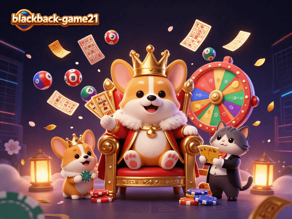 Engage with blackjack-game21 in a vibrant casino scene featuring a royal corgi and dynamic gaming elements.
