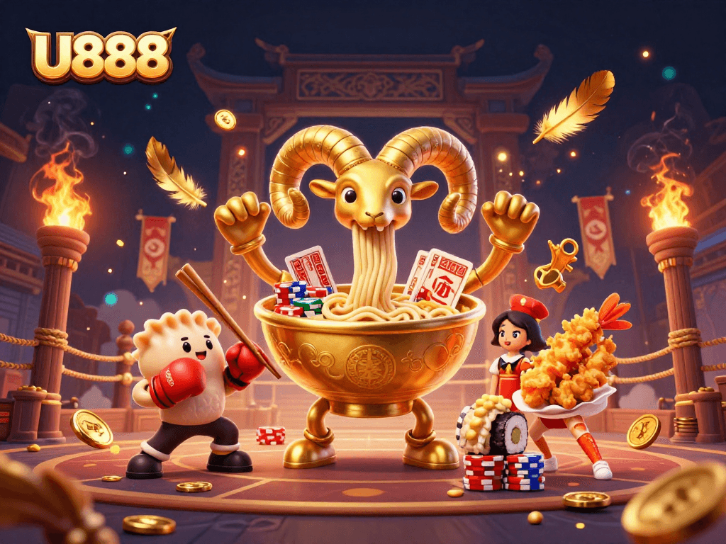 U888 presents a lively gambling scene with a golden ramen bowl, gyoza, and sushi characters entertaining players.