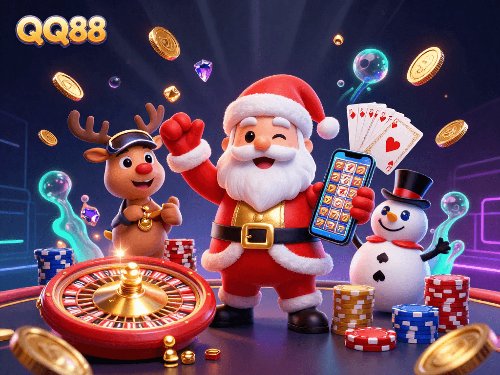 Experience thrilling gameplay with QQ88's vibrant casino adventure featuring festive characters and jackpots.