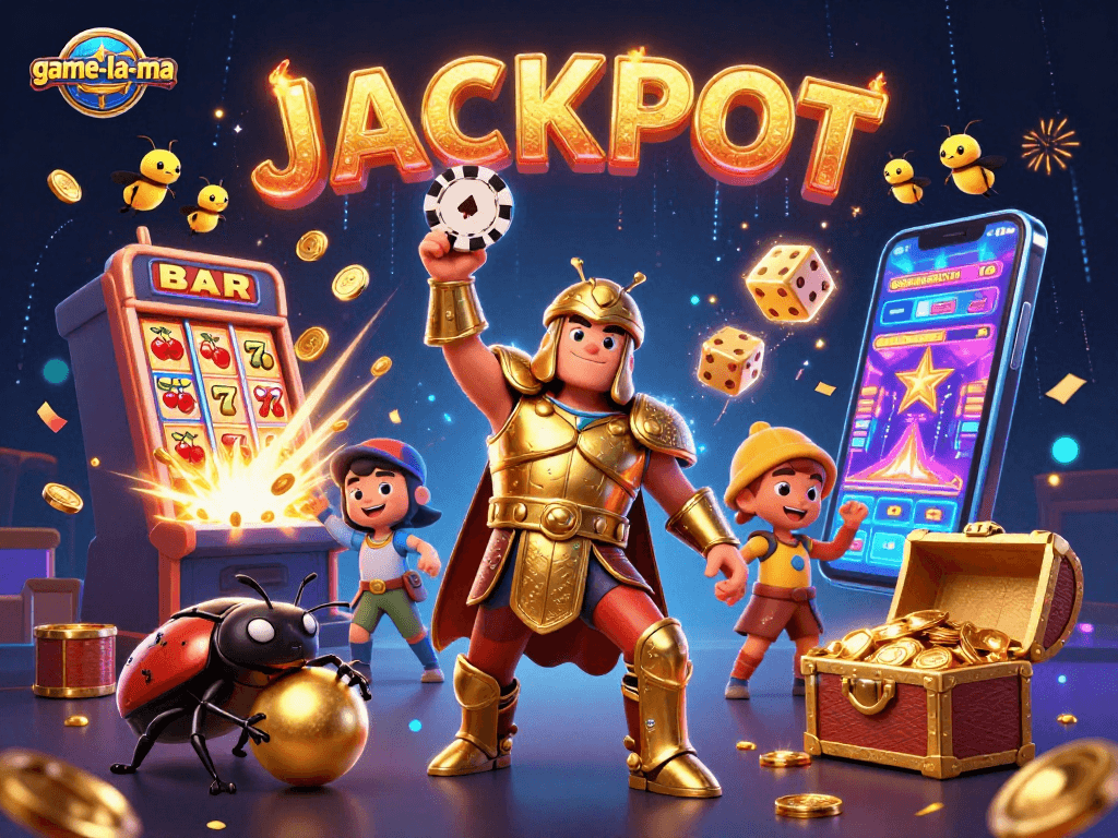Game-la-ma showcases vibrant 3D casino art featuring a heroic beetle lifting a poker chip amidst jackpot symbols.