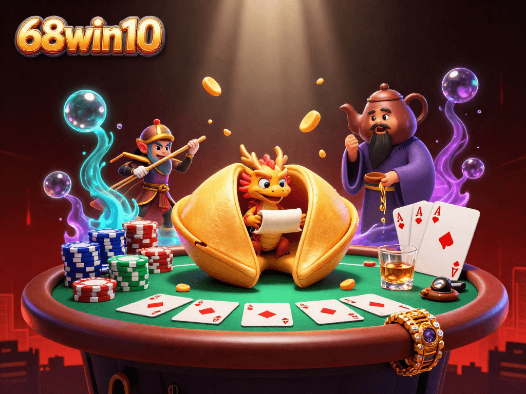 Experience the thrill at 68win10, where a golden fortune cookie reveals secrets amidst a vibrant casino scene.