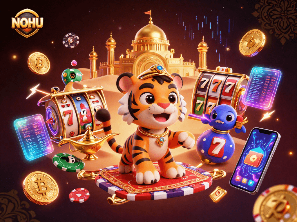 Engage with NOHU's thrilling jackpot experience featuring vibrant neon slot reels and crypto elements.