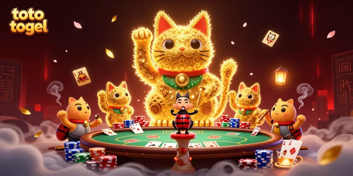 Engage in thrilling toto togel action with the animated lucky cat and vibrant casino elements.