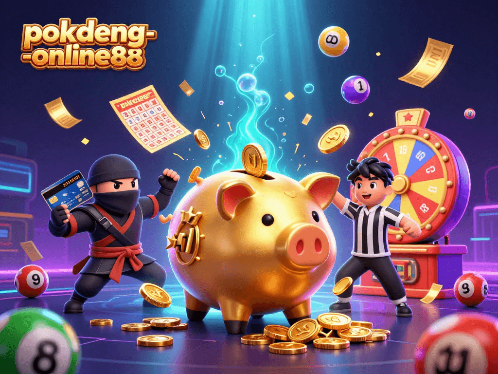 Experience poker action at pokdeng-online88 as a golden piggy bank sumo wrestler tangles with a wallet-ninja!