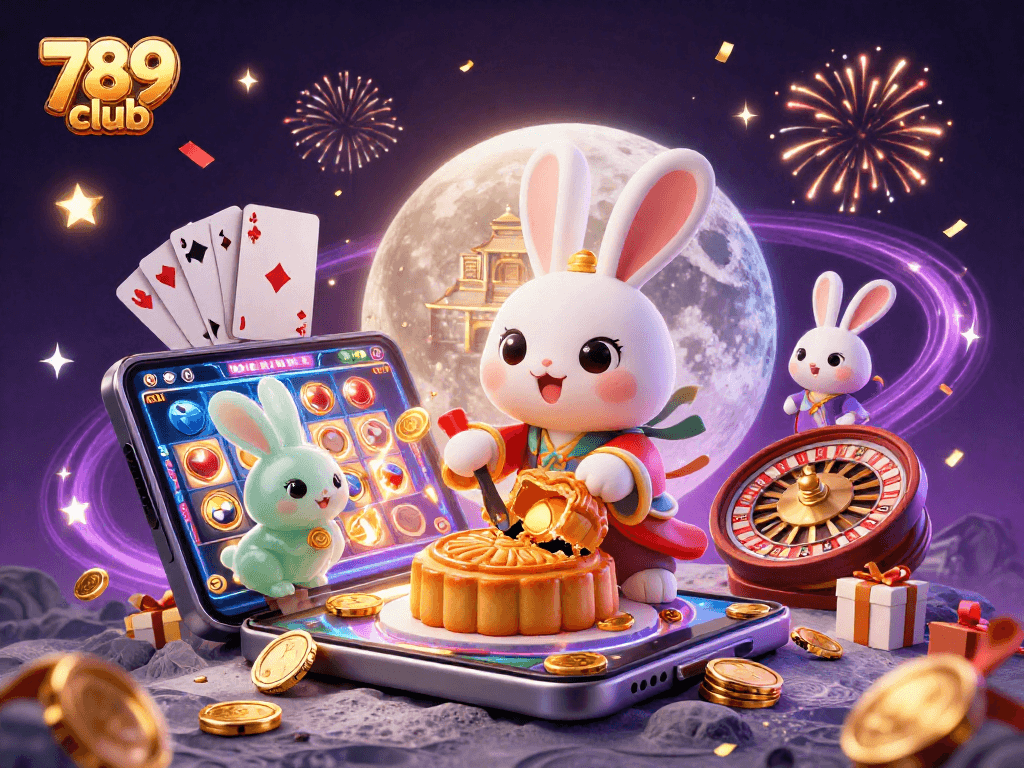 Engage in vibrant gameplay at 789 club, showcasing the festive 3D casino atmosphere with moon-themed characters.