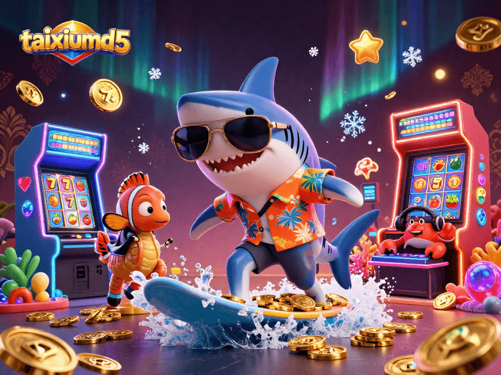 Experience excitement with taixiumd5 as the shark surfs on gold coins surrounded by vibrant slot elements.