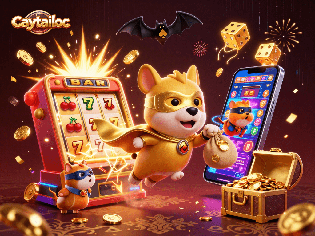 Engage with caytailoc's thrilling jackpot slot experience in this vibrant 3D illustration, featuring exciting elements of casino gameplay.