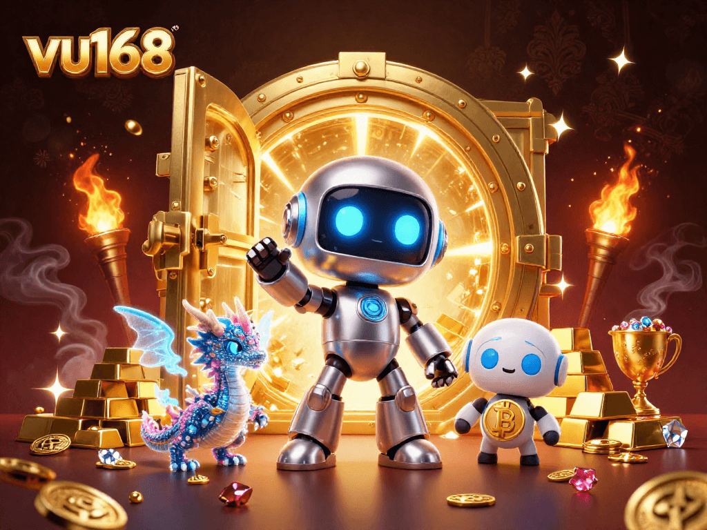 Experience thrilling wins at vu168 with a vibrant 3D illustration of a futuristic casino setting.