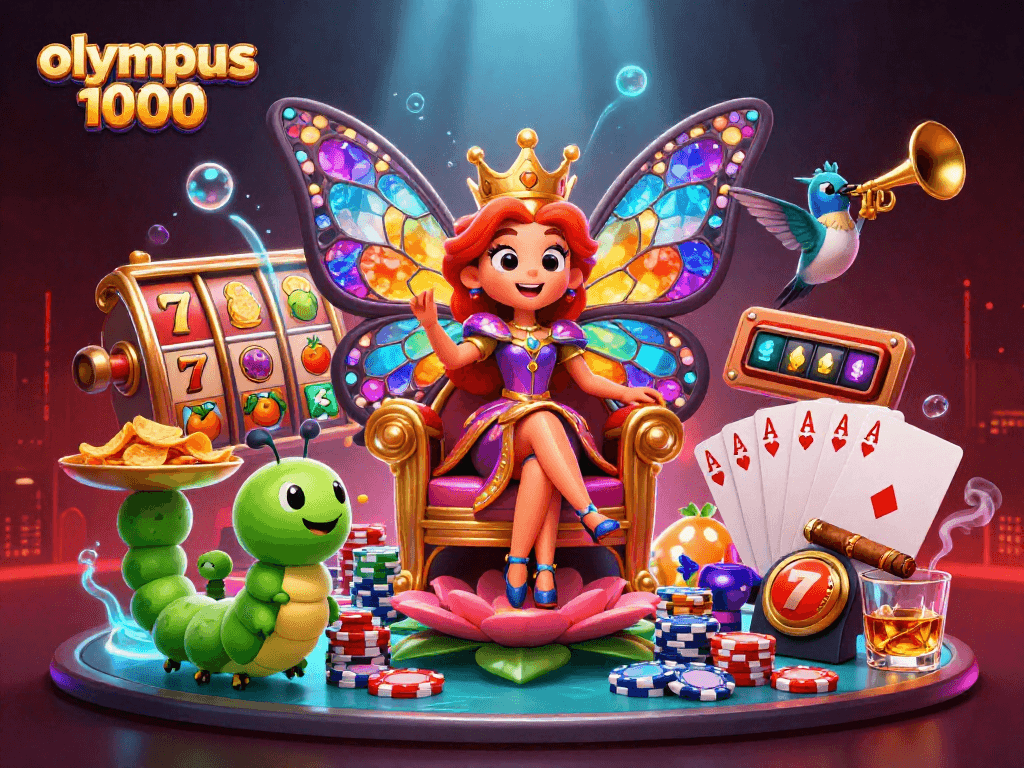 Menangkan jackpot di Olympus 1000 dengan simbol slot berwarna dan raja kupu-kupu memimpin.