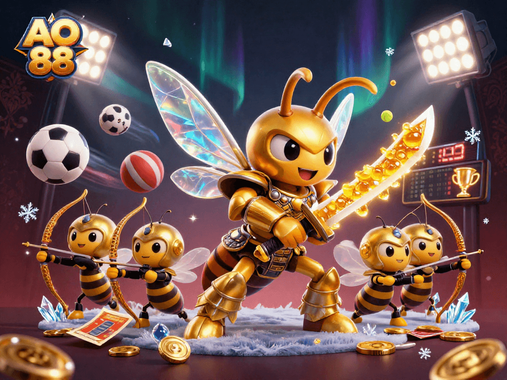 Engage with AO 88 in a vibrant 3D casino scene featuring samurai hornets and dynamic sports elements.