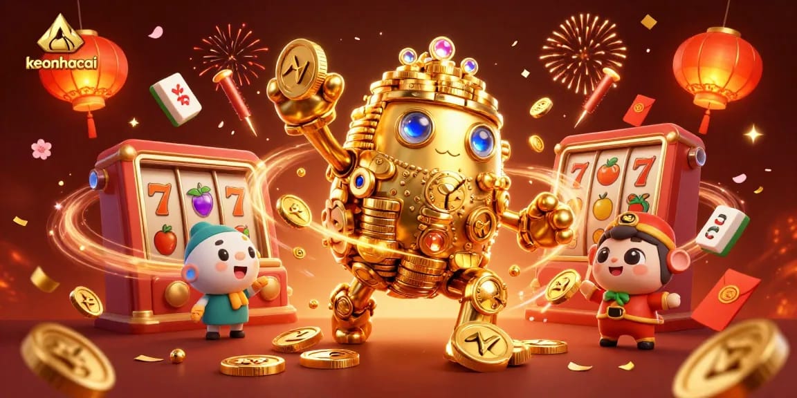 Experience excitement at keonhacai with a vibrant 3D casino scene of golden golems, slot reels, and festive elements.