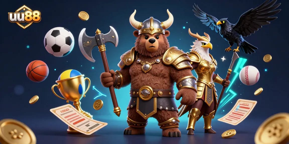 Engage with exciting opportunities at uu88 as the Viking berserker bear and Valkyrie eagle battle for victory in this vibrant gambling scene.