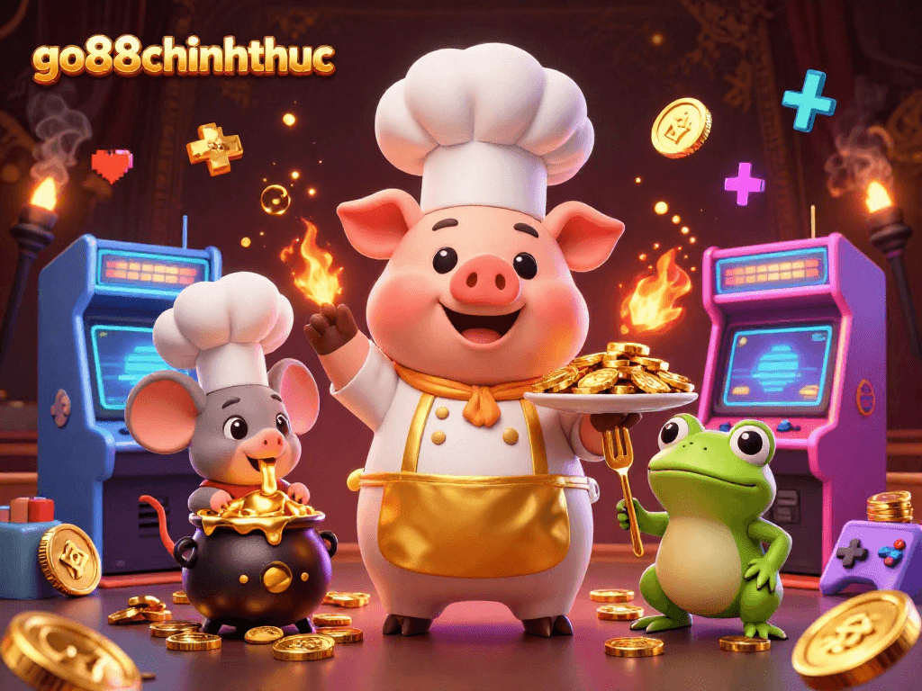 Experience thrilling fun with go88chinhthuc, featuring a chef pig and friends serving gold coins.
