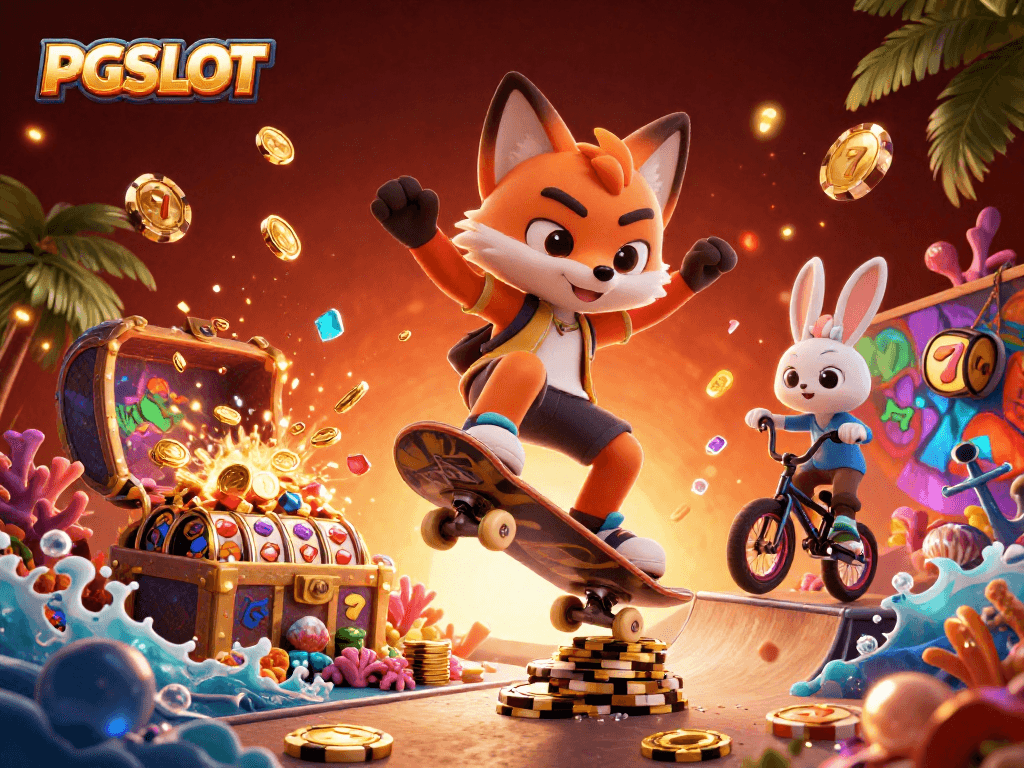 Experience thrilling PGSLOT action with a skateboarder fox and BMX rabbit in a vibrant casino world