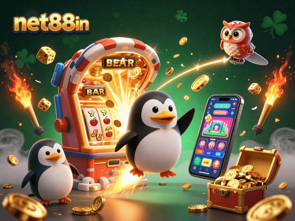 Experience thrilling jackpots at net88in with a golden penguin flying through colorful casino games.