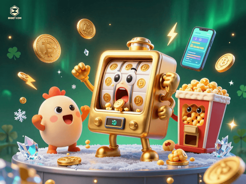 Engage with 8KBET COM as the golden slot machine hits a jackpot amidst cheering machines and crypto coins.