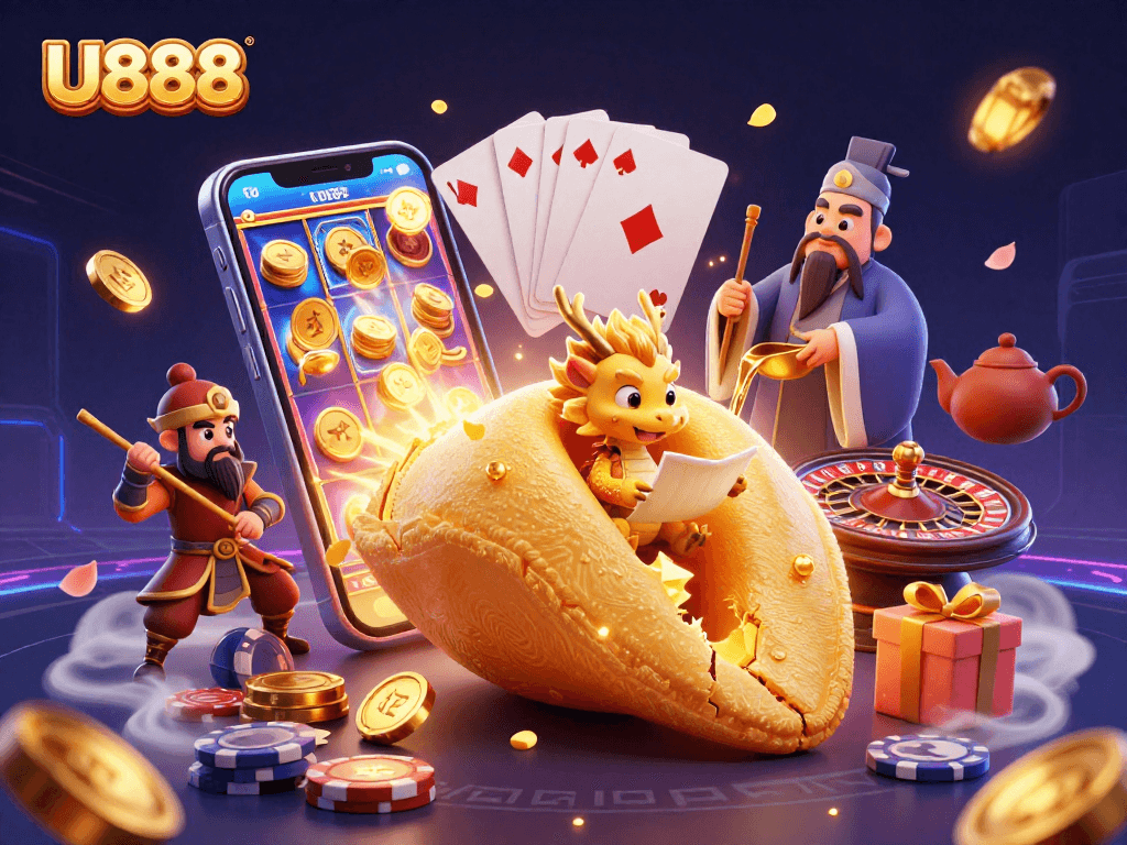 Engage in exciting games at U888, featuring dynamic slot games and vibrant casino elements.