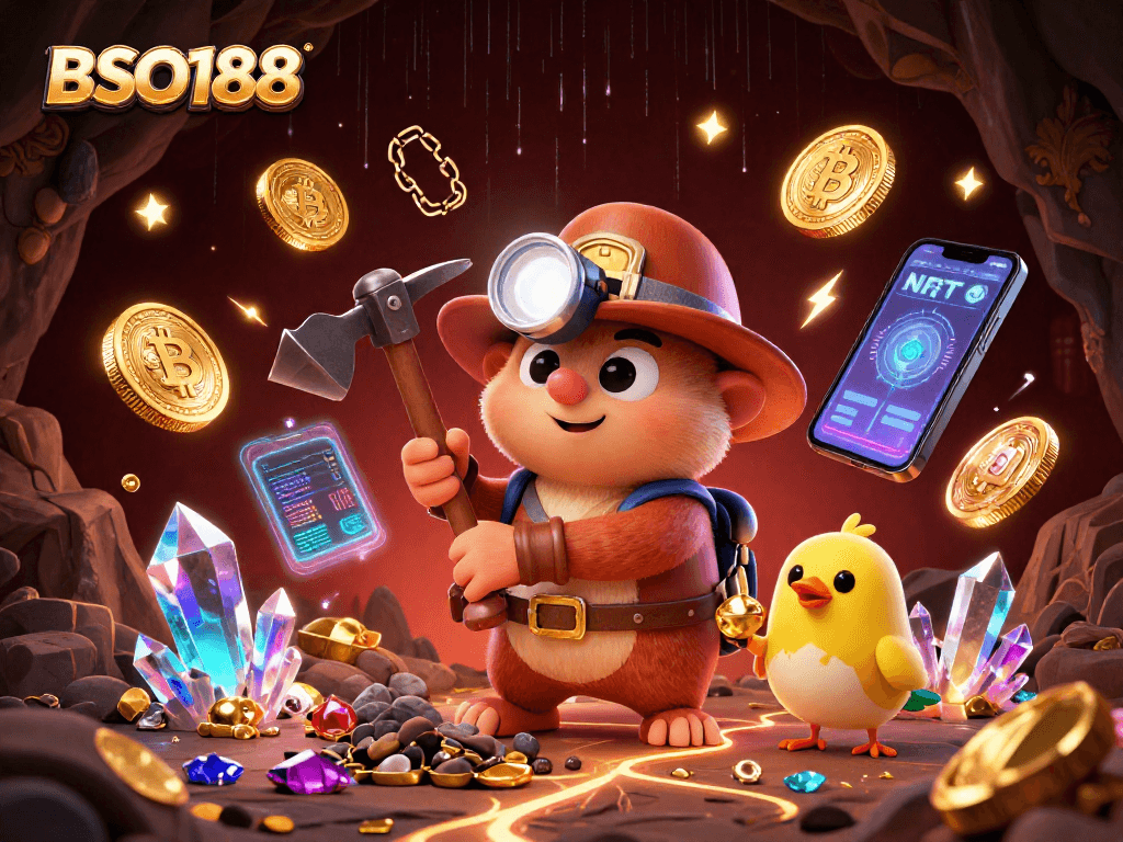 Engage with BSO188 through an immersive 3D casino mining adventure showcasing a treasure hunter and crypto elements.