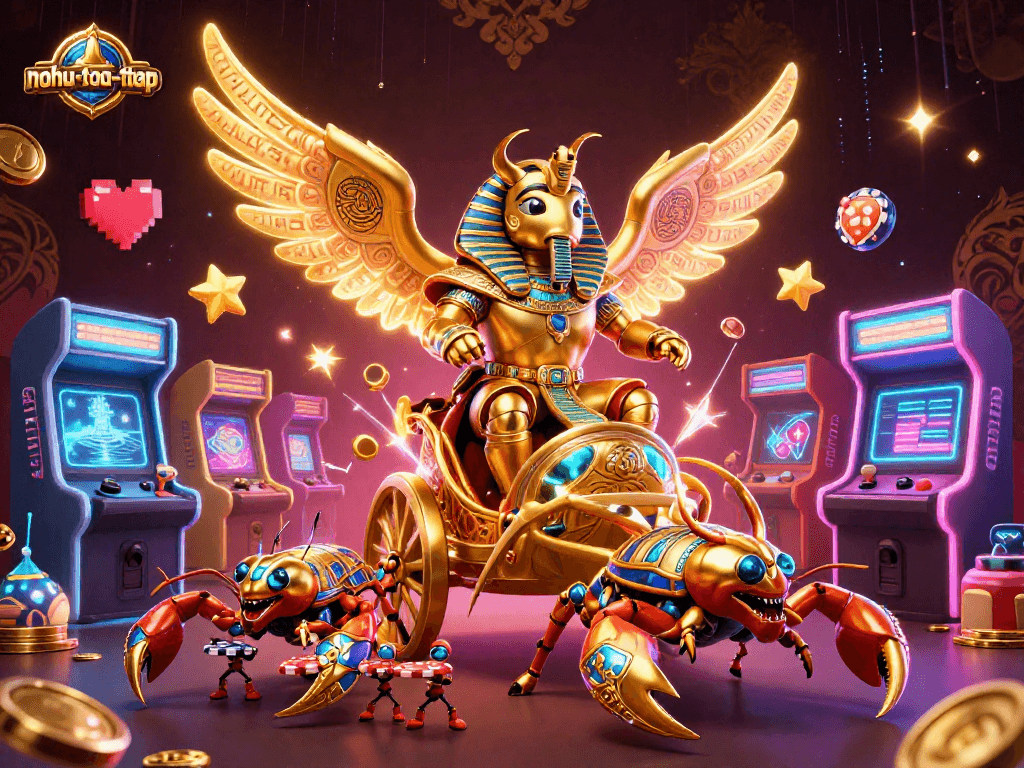 Engage with nohu-toa-thap, featuring vibrant neon 3D gaming illustrations of a colossal scarab beetle.