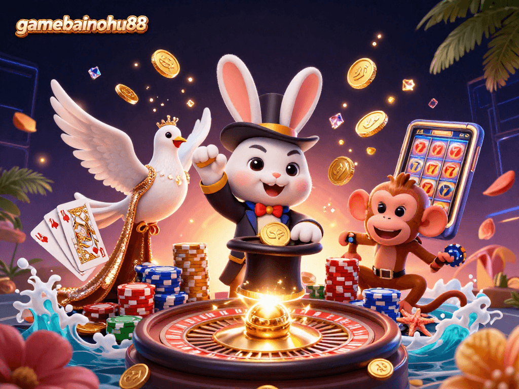 Engage in thrilling wins at gamebainohu88 with a magical 3D casino adventure featuring vibrant characters and lively casino elements.