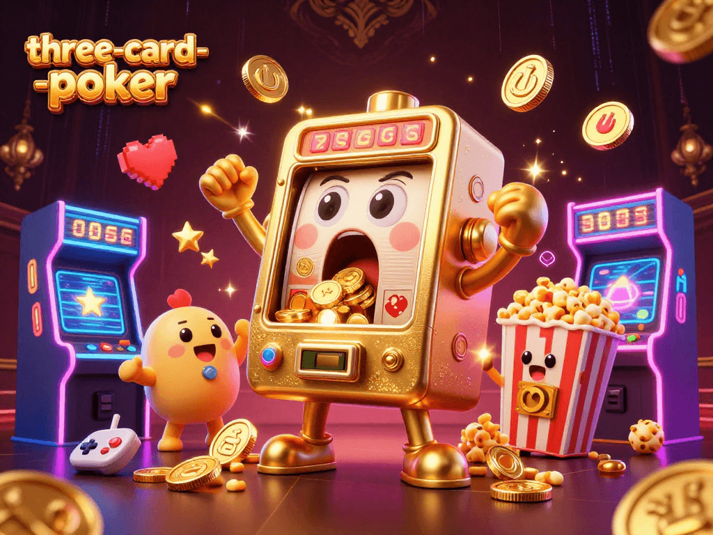 Experience the thrill of three-card-poker with a golden slot machine hitting a jackpot!