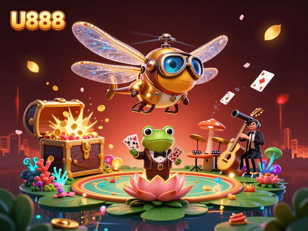 Experience U888 thrills as a dragonfly pilot hovers over a vibrant casino scene filled with a frog croupier and jazz-playing crickets.