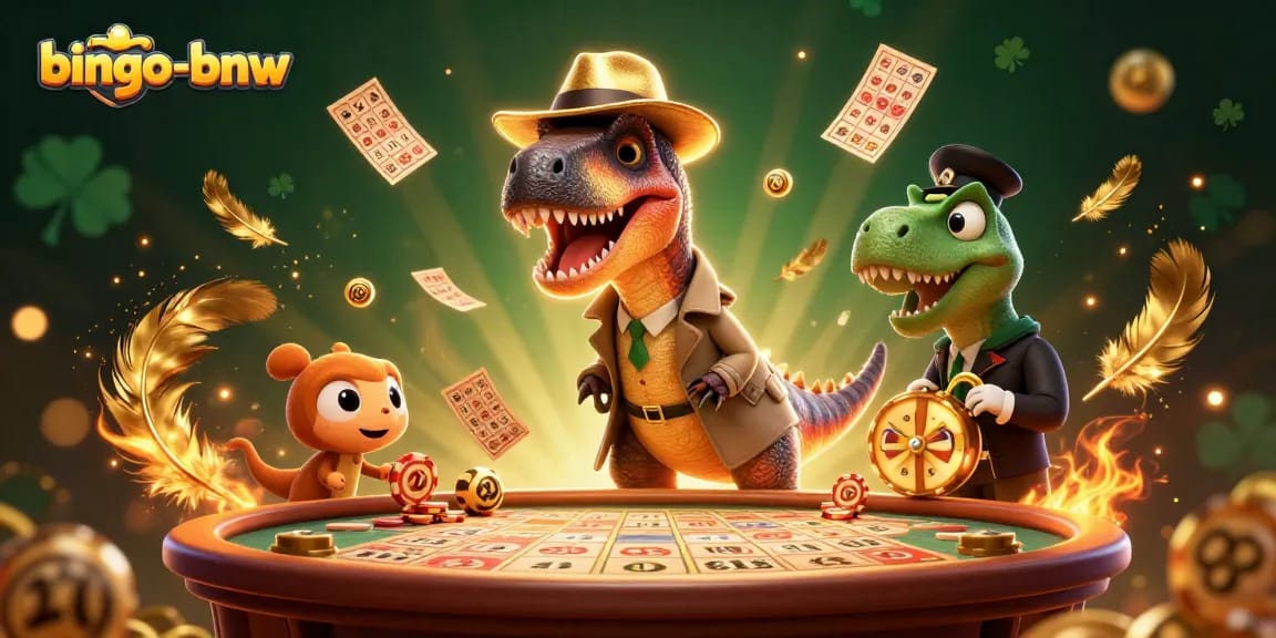 Catch exciting bingo opportunities with bingo-bnw as a velociraptor counters cards at a lively game.