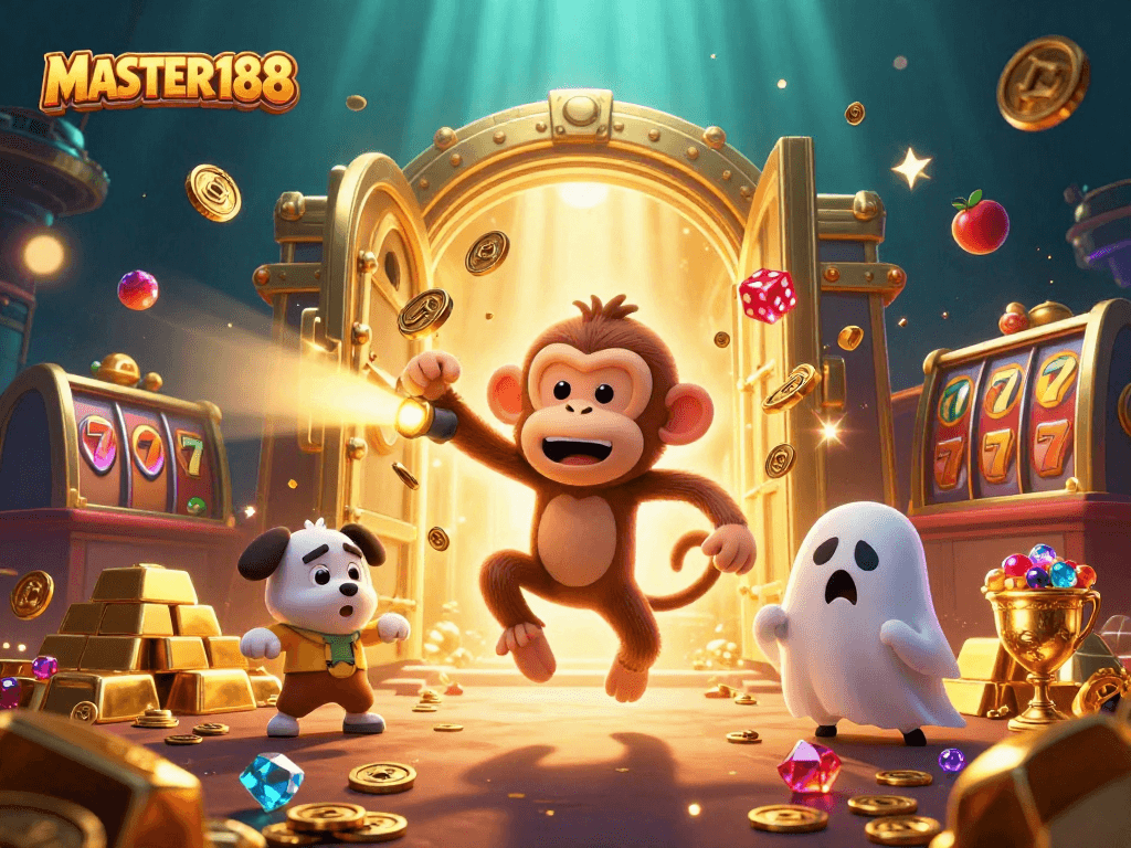 Engage with MASTER188's haunted casino adventure featuring playful characters and golden treasures.