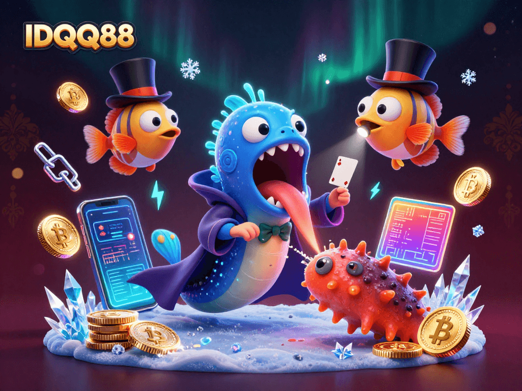 Experience IDQQ88's thrilling magic act with vibrant characters and dynamic casino symbols.
