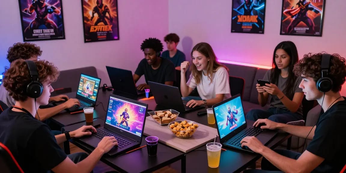 Group enjoying free sex game on multiple devices in a cozy gaming setup.