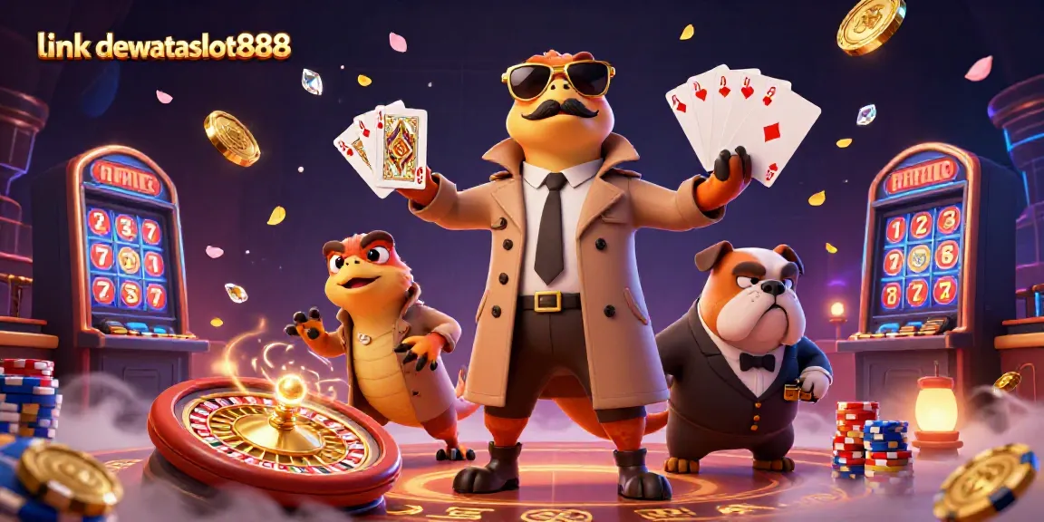 Rasakan pengalaman bermain di link dewataslot888 dengan ilustrasi kucing bulldog curiga mengawasi tiga raptor menyamar.
