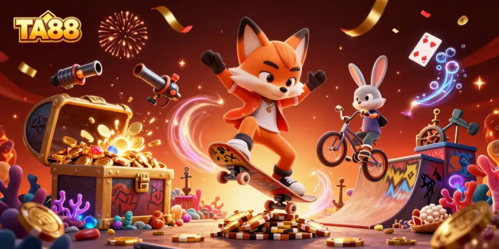 Engage with TA88 thrills as a skateboarder fox leaps over poker chips amidst vibrant casino elements.