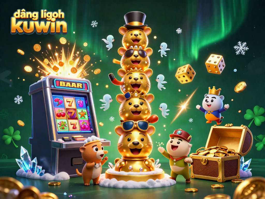 Participate in thrilling gaming experiences with đăng nhập kuwin as a rich 3D casino scene showcases vibrant jackpot wins and lively characters.
