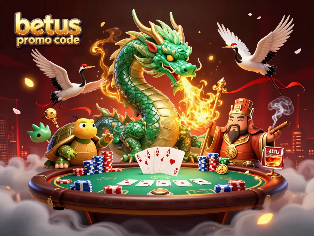 Win big with betus promo code in this vibrant casino scene featuring a jade dragon and turtle sage.