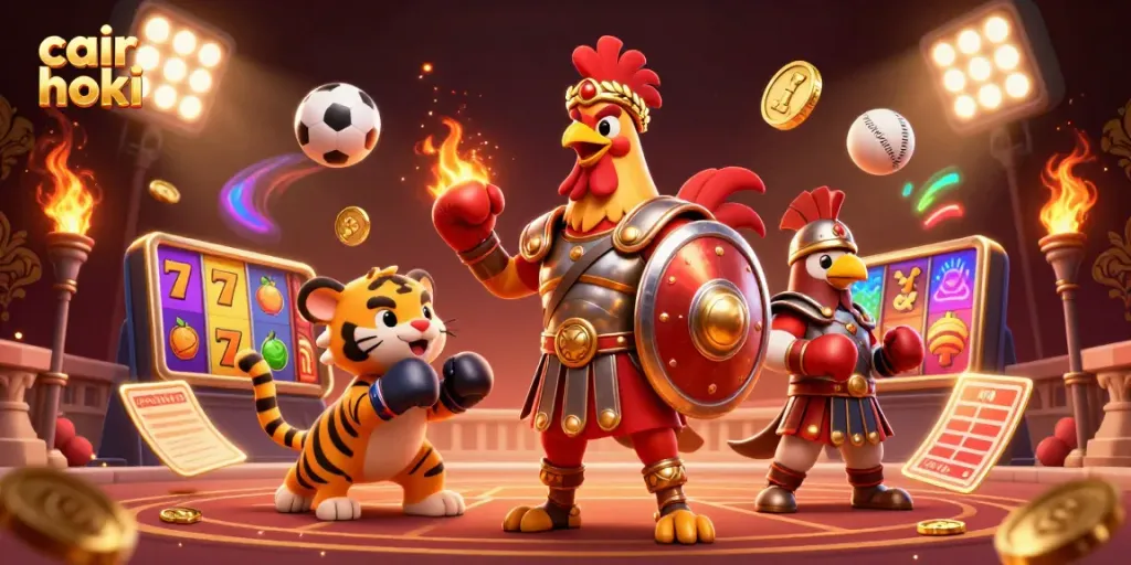 Ilustrasi 3D cair hoki menampilkan gladiator ayam bertarung di arena dengan elemen kasino mengelilinginya.