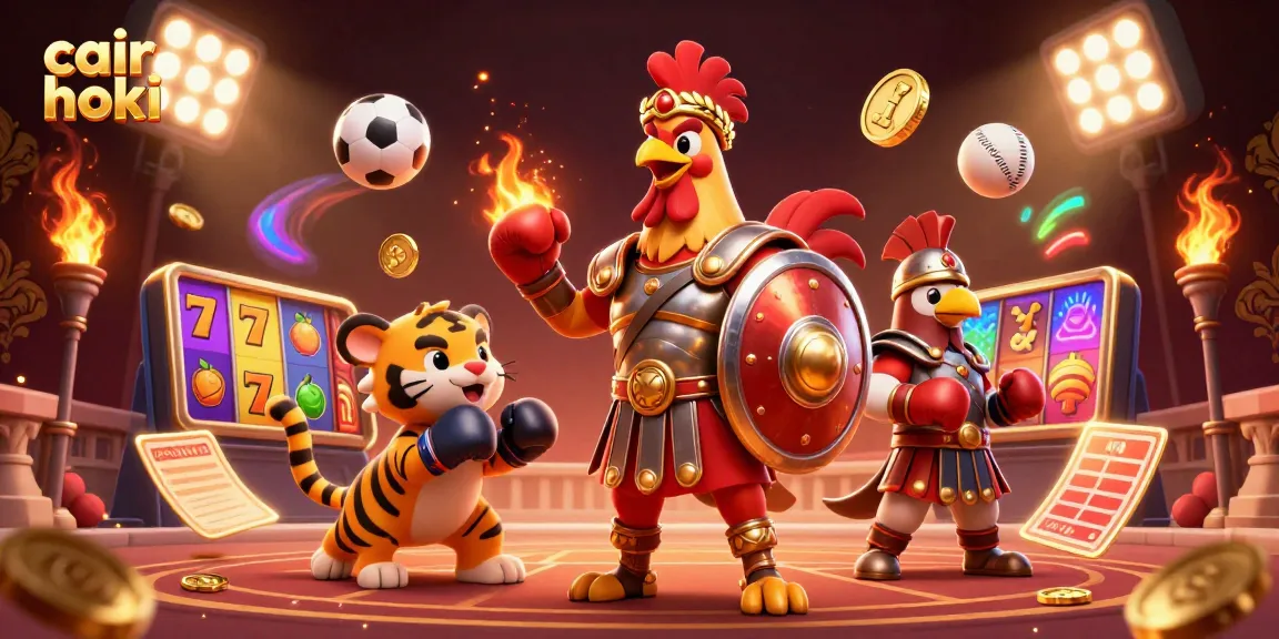 Ilustrasi 3D cair hoki menampilkan gladiator ayam bertarung di arena dengan elemen kasino mengelilinginya.
