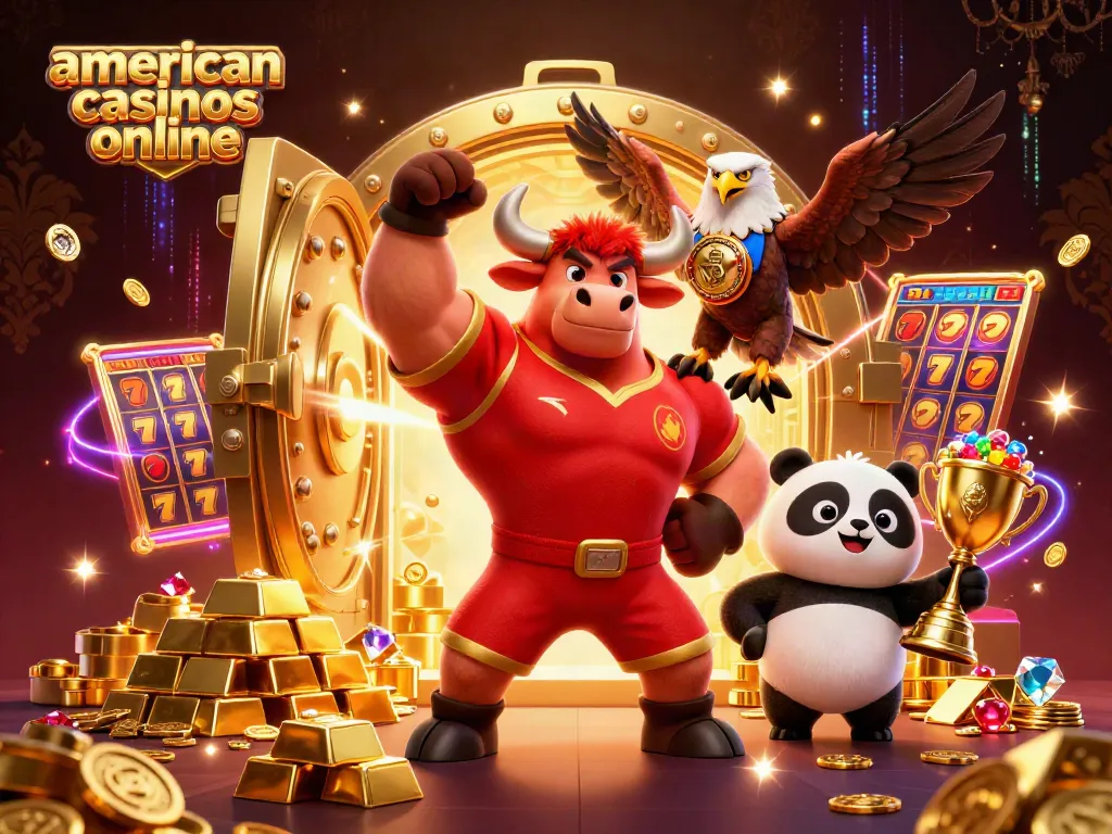 Experience the excitement at american casinos online with a bull mascot and eagle championing a victory scene.