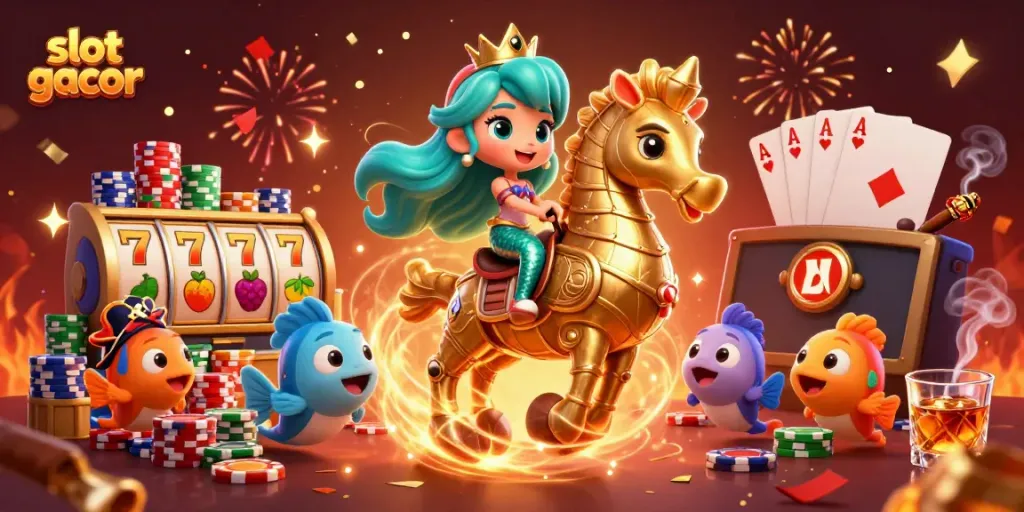 Slot gacor menampilkan putri duyung dengan kuda laut di kasino, meriah dengan chip poker dan simbol buah.