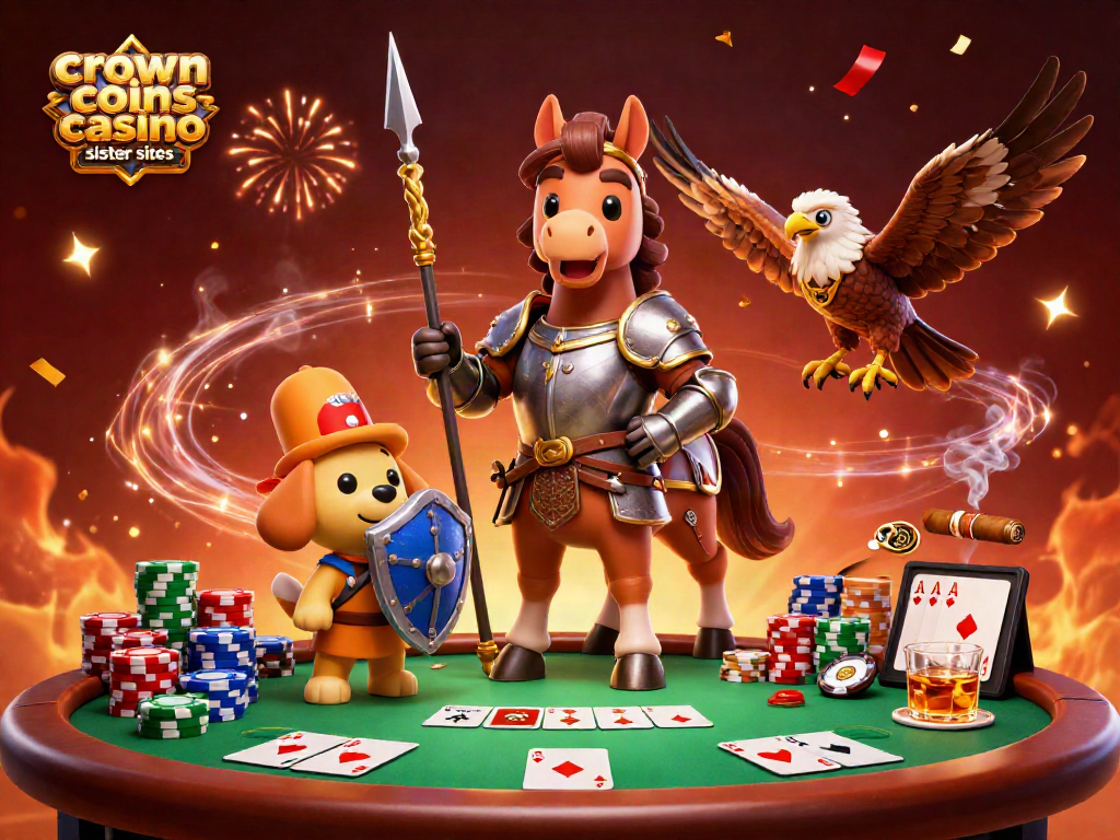 Crown coins casino sister sites illustration with a knight, puppy, and falcon amidst a vibrant poker scene.